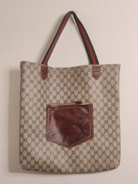 Authentic Gucci  Monogram Tote Bag with Brown Leather Pocket